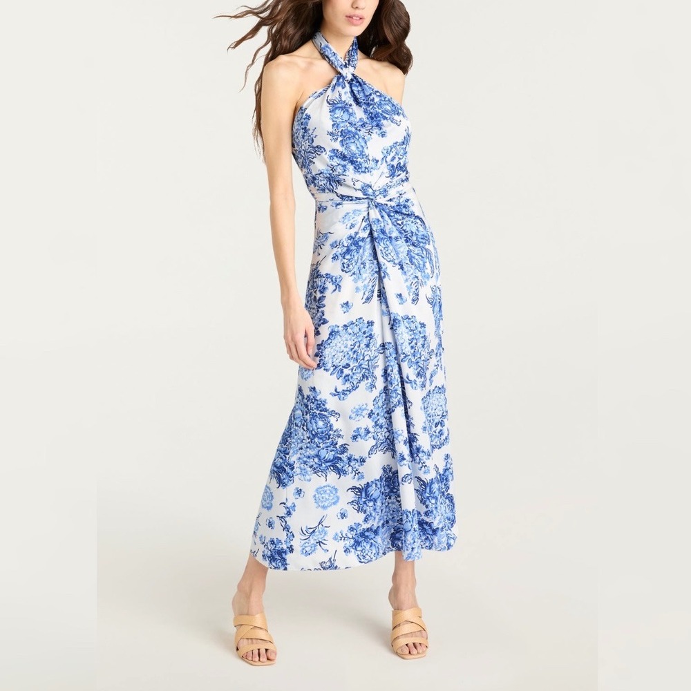 Cinq a Sept Blue Costal Bouquet Coli Halter Neckline Maxi Dress 8 NWT
